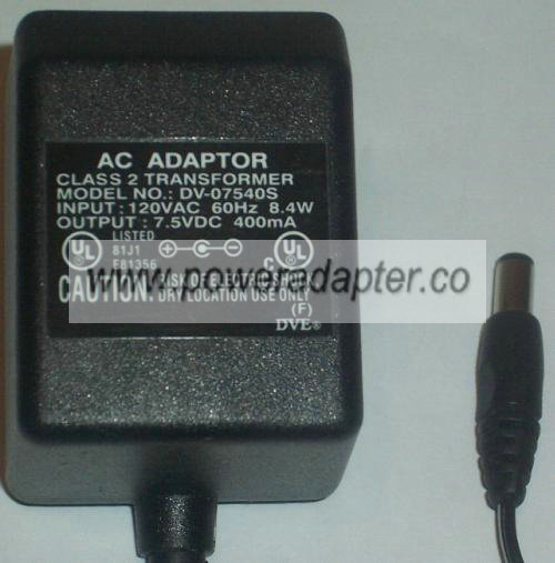 DVE DV-07540S AC ADAPTER 7.5VDC 400MA POWER SUPPLY - Click Image to Close